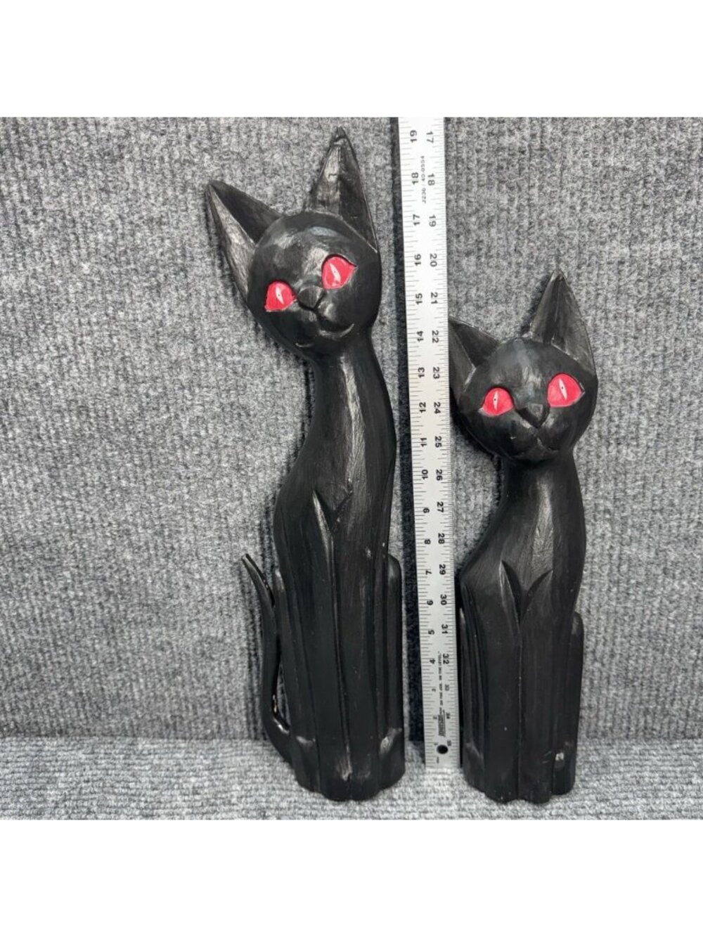 Set of 2 Vintage Black Cat Statues Wood Red Eyes Tall & Small Figures Halloween - Picture 2 of 9